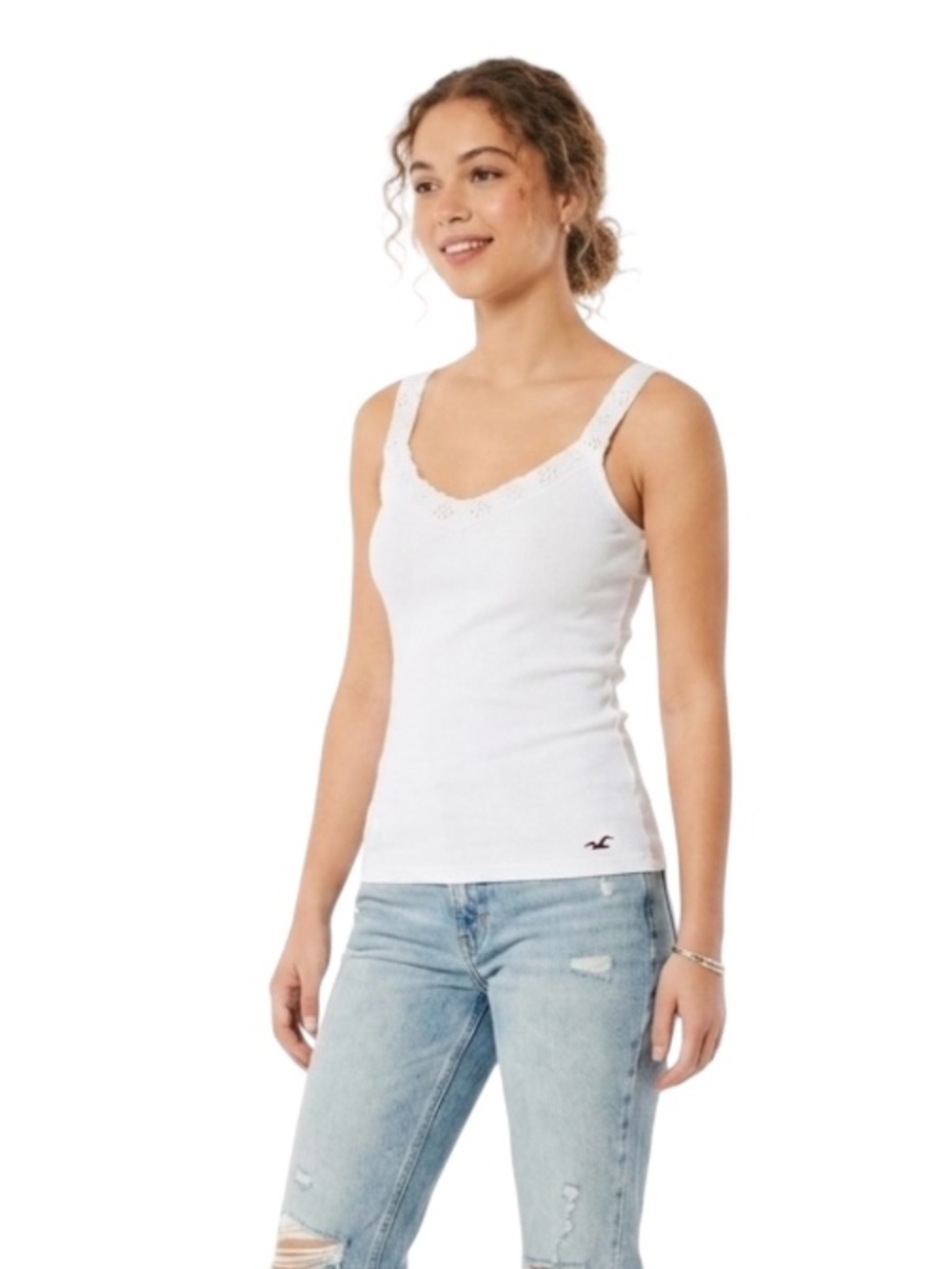 Vintage Hollister Lace Trim Tank Top Sz L White Ribbed Granola Grunge Fairy Y2K